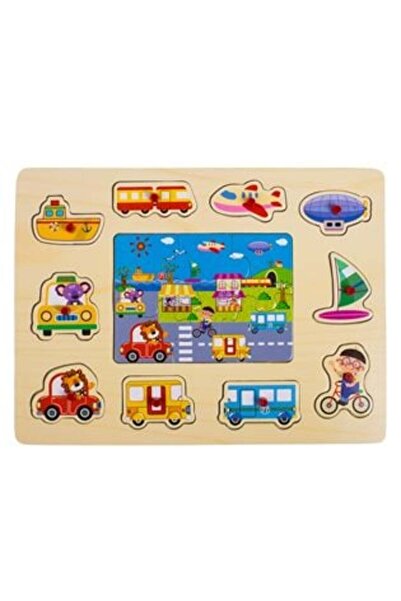 BAMI NETWORK Puzzle din Lemn Drum cu Vehicule de Transport (10 piese) 30x22cm