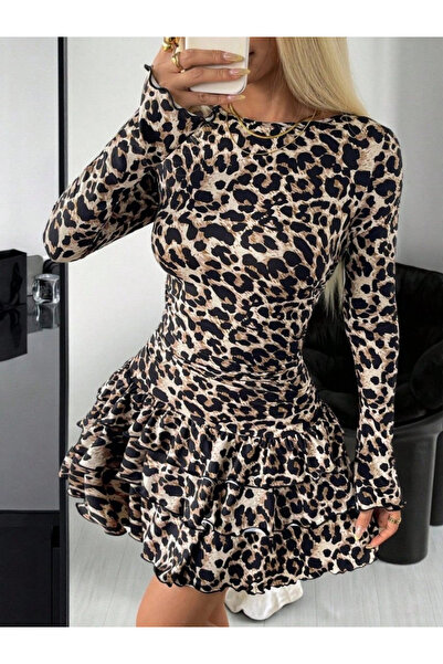 nedo7 Women's Long Sleeve Turtleneck Ruffled Leopard Print Modal Dress