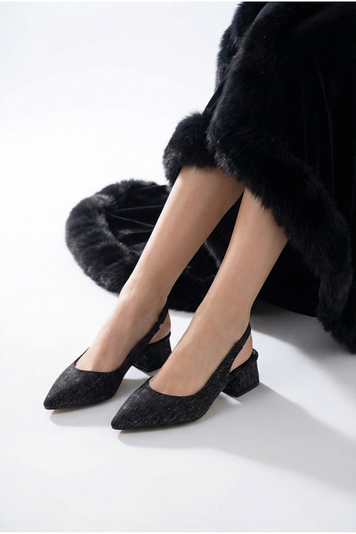 AUREA MILANO Women's Nubuck Black Pointed Toe Low Heel Slingback Shoes