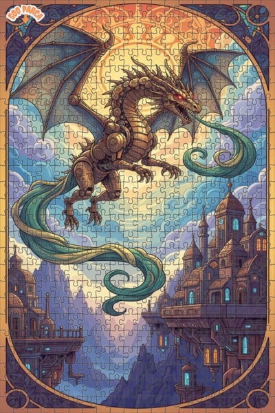 Teona Ahşap Mechanical Dragon Art Oil Painting Look Double Layer Framed Woode...