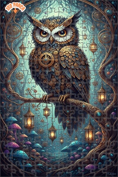 Teona Ahşap Mysterious Forest Owl Oil Painting Look Double-Decker Framed Wood...