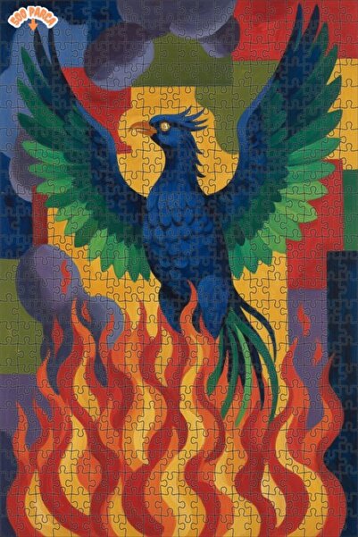 Teona Ahşap لغز فني بتصميم طائر الفينيق الأزرق يرتفع من بين اللهب، بمظهر لوحة...