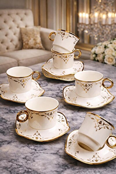 Paçi 6-Piece Stylishly Designed Porcelain Coffee Cup Set with Gilded Saucers