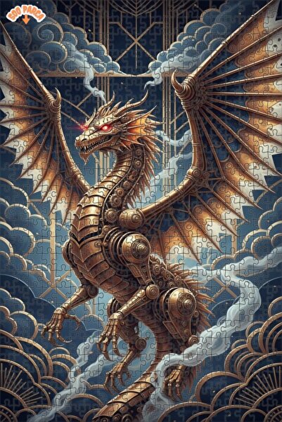 Teona Ahşap Mechanical Dragon Art Oil Painting Look Double Layer Framed Woode...