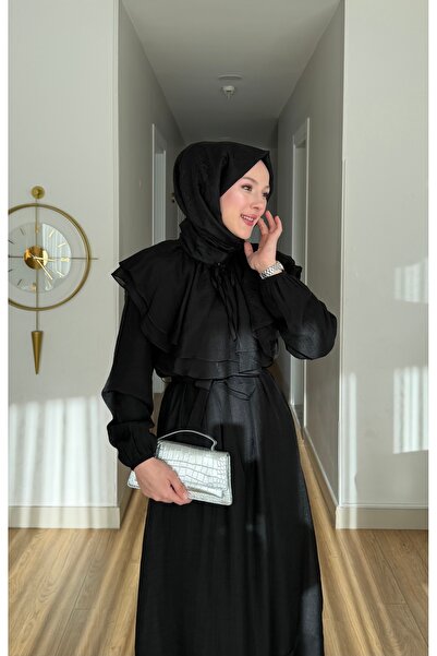 merve ada design Yaka Fırfır Detaylı Astarlı Organze Tül Tesettür Elbise