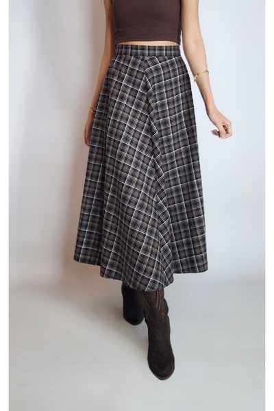 oyagüler Women's Brown Plaid Four-Piece Flare Skirt Yy101312