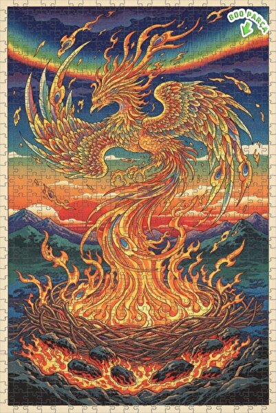 Teona Ahşap لغز خشبي مؤطر بطبقتين مزين بلوحة زيتية لطائر الفينيق الأسطوري الذ...