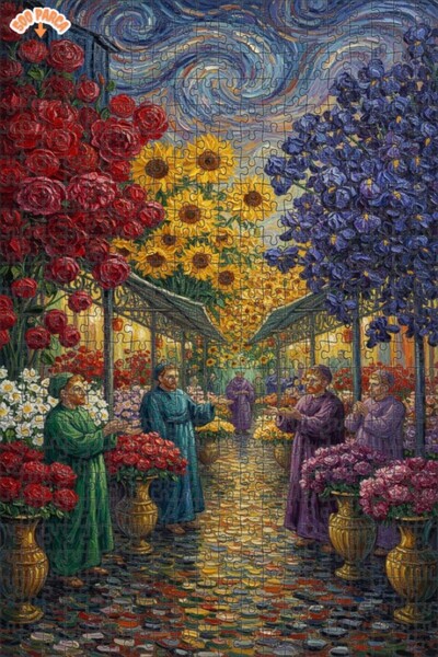 Teona Ahşap Van Gogh Style Flower Market Oil Painting Look Double Layer Frame...