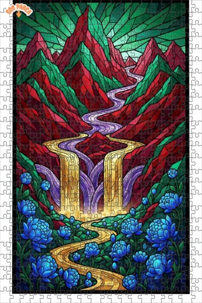 Teona Ahşap Colorful Mountain Waterfall Flower Art Double Layer Framed Wooden...