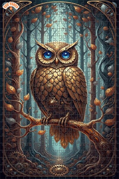 Teona Ahşap Magical Mechanical Owl Oil Painting Look Double Layer Framed Wood...
