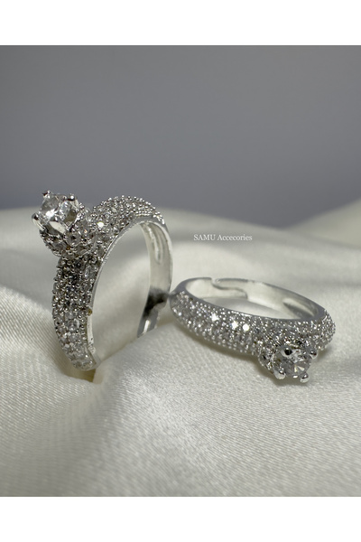 Samu Accessories خاتم سوليتير بتصميم تاج مرصع بالكامل بالأحجار الكريمة قابل ل...