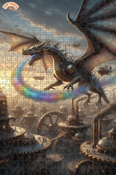 Teona Ahşap Mechanical Dragon Steam Town Oil Painting Look Double-Decker Fram...