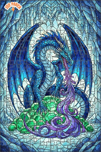 Teona Ahşap Mystical Ice Dragon Stained Glass Art Double Layer Framed Wooden ...