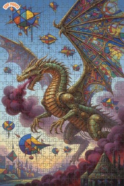 Teona Ahşap Steampunk Dragon Art Oil Painting Look Double Layer Framed Wooden...