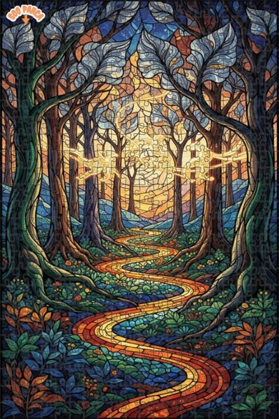 Teona Ahşap لغز خشبي بتصميم طريق الغابة الزجاجي الملون، لغز خشبي بإطار مزدوج ...