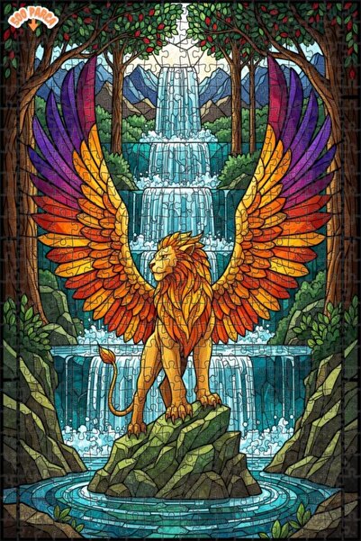 Teona Ahşap Winged Lion Looking Glass Mosaic Art Double Layer Framed Wooden P...