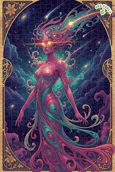 Teona Ahşap Alien Galaxy Goddess Oil Painting Look Double Layer Framed Wooden...