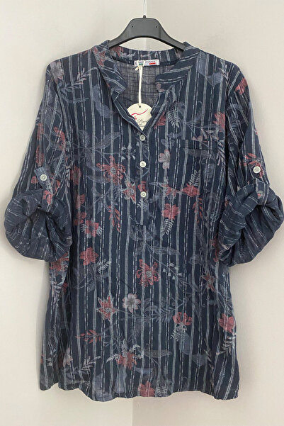 AYASOFYA OTANTIK Women's Italian Navy Blue Three-Button Placket Collar Stripe...