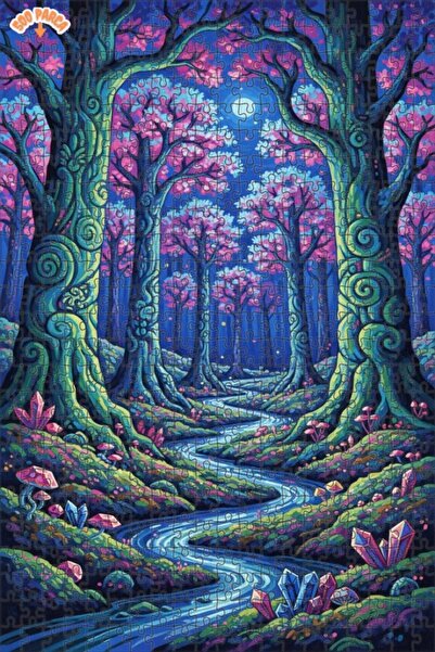 Teona Ahşap لغز خشبي مؤطر بطبقتين بتصميم فني يشبه لوحة زيتية لمنظر غابة غامضة...