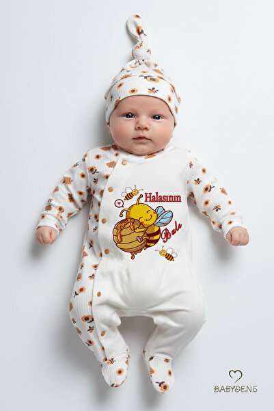 BABYDEN'S Aunt's Honey Written Newborn Baby Romper Hat Set Bee Patterned 100%...