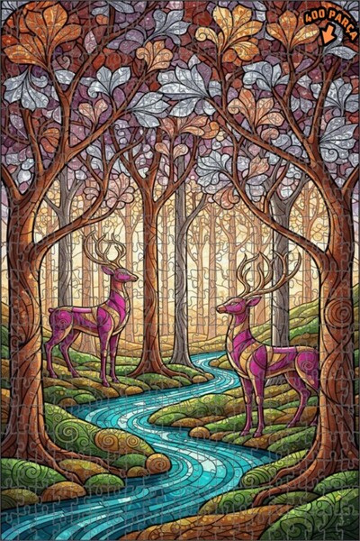 Teona Ahşap لغز خشبي بمظهر فسيفساء زجاجي على شكل غزلان الغابة السحرية 400 قطع...