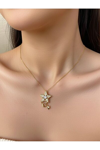 Silver ALTIN KAPLAMALI YILDIZ SÜSLEMELİ 925 AYAR GÜMÜŞ KOLYE