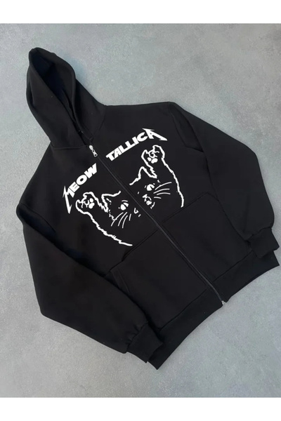 nedo7 Winter Printed Zippered Hooded Cardigan - Black