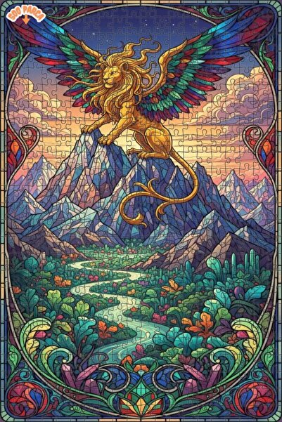 Teona Ahşap لوحة فنية لذروة الجبل على شكل أسد مجنح، لغز خشبي بإطار مزدوج الطب...