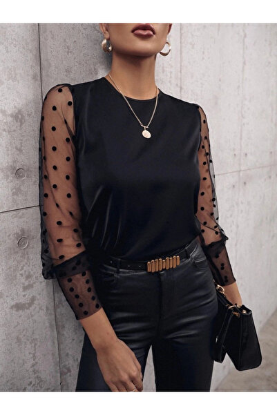 nedo7 Women's Long Sleeve Crew Neck Sleeves Polka Dot Tulle Detailed Sandy Bl...