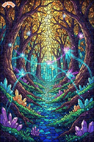 Teona Ahşap لغز خشبي مؤطر بطبقتين من الفن الزجاجي الملون بتصميم طريق الغابة ا...