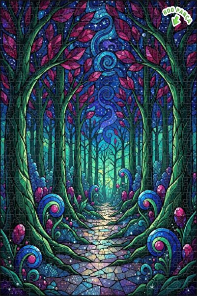 Teona Ahşap لغز خشبي مؤطر بطبقتين من فن الزجاج الملون لطريق الغابة السحرية 80...