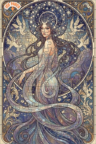 Teona Ahşap Night Star Woman Watercolor Look Art Nouveau Wooden Puzzle Double...