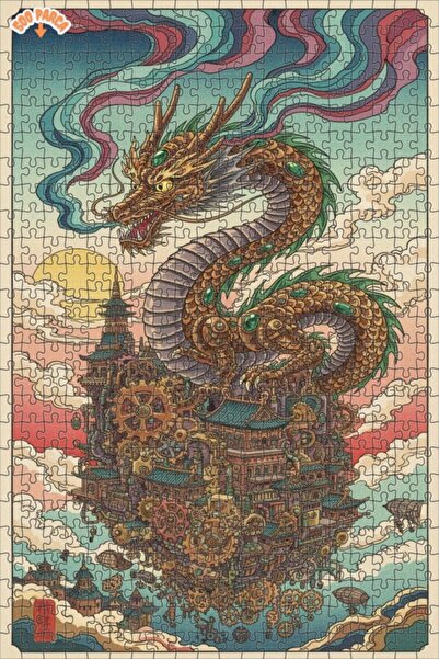 Teona Ahşap Mystic Dragon City Double Layer Framed Wooden Puzzle 500 Pieces 5...