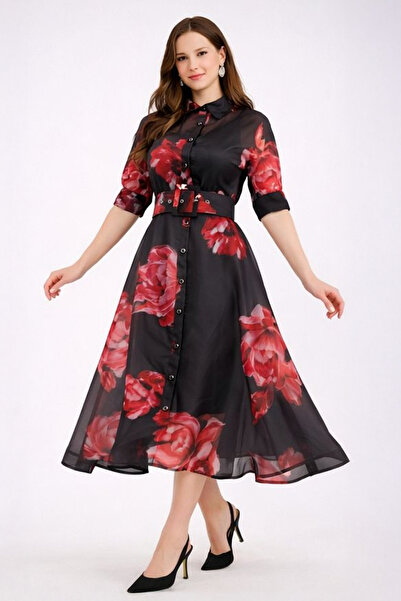 Stylish Stylish chiffon dress, elegant black with red roses