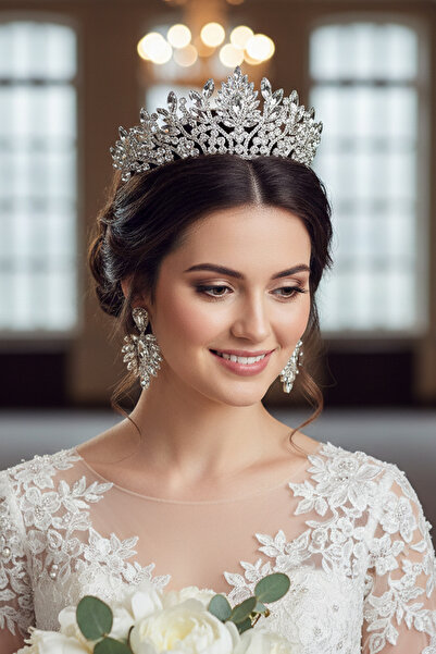 Limelia طقم تاج وأقراط دنفر للعروس، تاج حفلات الزفاف والحناء