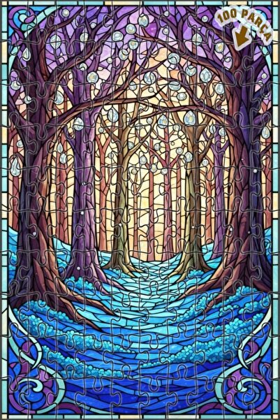 Teona Ahşap لغز خشبي مؤطر بطبقتين بنمط فني من الزجاج الملون لطريق الغابة الغا...