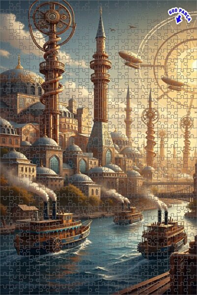 Teona Ahşap لوحة زيتية لمنظر مدينة مستقبلية مع سفينة بخارية، لغز خشبي بإطار م...