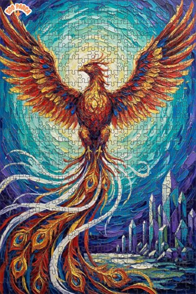 Teona Ahşap Red Phoenix Oil Painting Look Art Double-Decker Framed Wooden Puz...