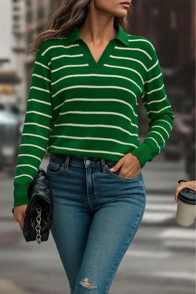 nedo7    Women's Long Sleeve V-Neck Striped Knitwear Blouse