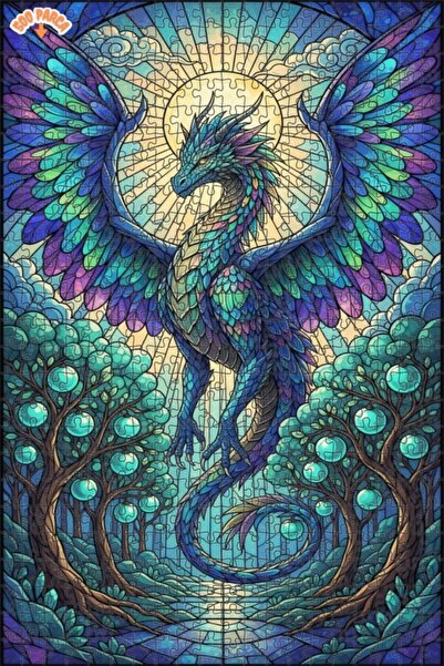 Teona Ahşap لغز خشبي مؤطر بطبقتين بتصميم فني من الزجاج الملون على شكل تنين سح...