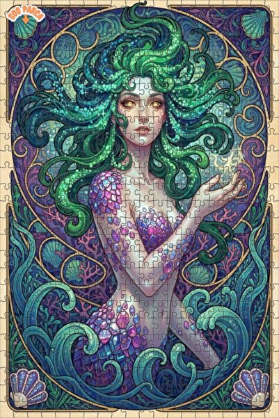 Teona Ahşap Mermaid Artwork Oil Painting Look Double Layer Framed Wooden Puzz...