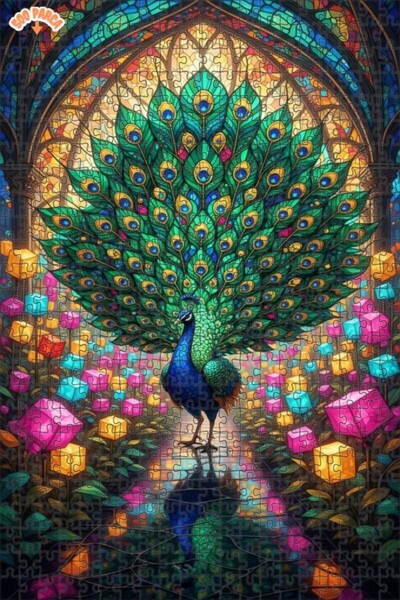 Teona Ahşap Art of Stained Glass Decorated with Peacocks and Colorful Cubes i...