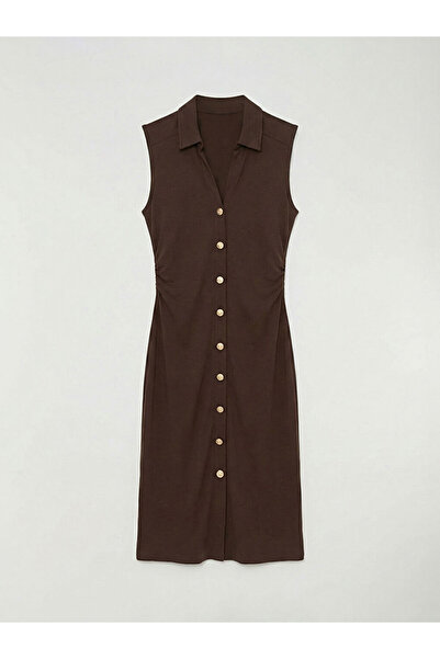 LC Waikiki Καφέ φόρεμα με γιακά πουκάμισου και κορδόνι περίσφιξης