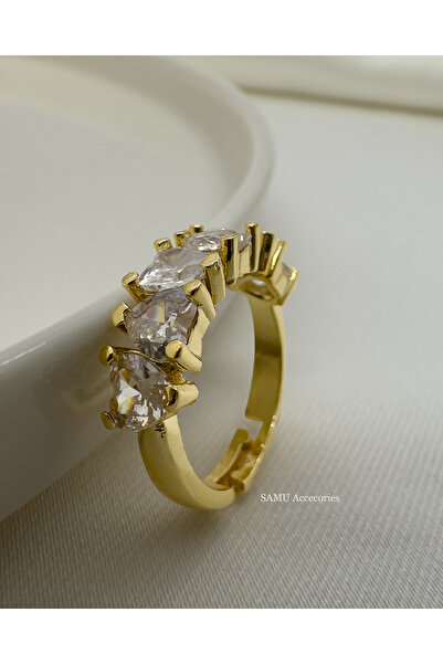 Samu Accessories خاتم فولاذي قابل للتعديل بتصميم قلب ذهبي - خمسة قلوب ذهبية