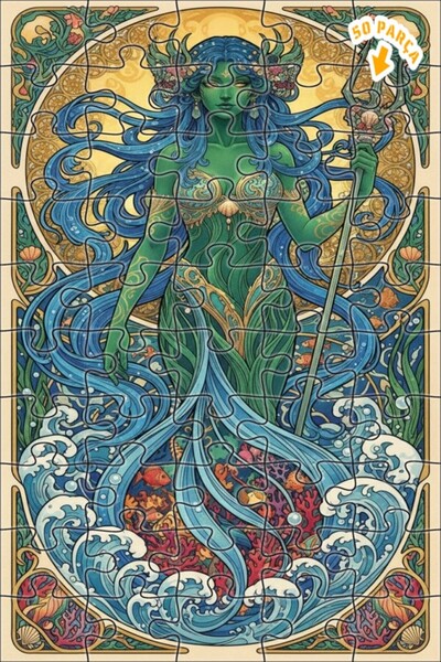 Teona Ahşap لغز خشبي مؤطر بطبقتين بتصميم طباعة فنية لحورية البحر 50 قطعة 15×25