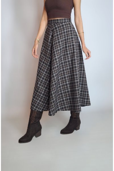 oyagüler Women's Brown Plaid Four-Piece Flare Skirt Yy101312