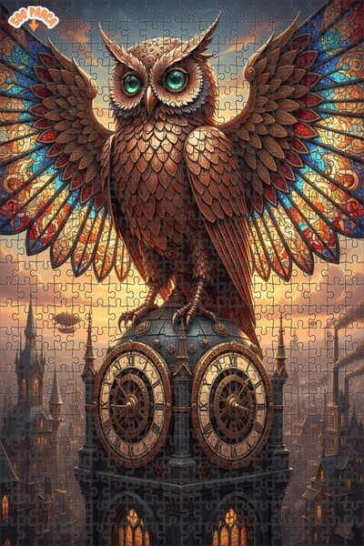 Teona Ahşap Magical Clock Tower Owl Oil Painting Look Double-Decker Framed Wo...