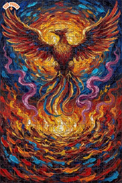 Teona Ahşap Flame Dancing Phoenix Oil Painting Look Double-Deck Framed Wooden...