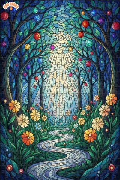 Teona Ahşap لغز خشبي مؤطر بطبقتين بتصميم طريق الغابة السحرية وفن الزجاج الملو...