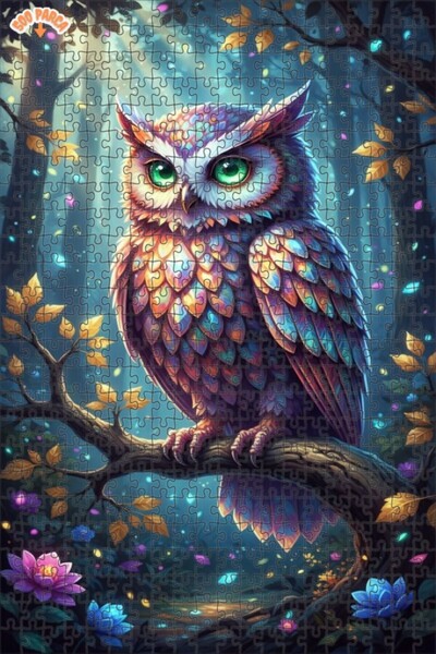 Teona Ahşap لغز خشبي فني ملون على شكل بومة الغابة الغامضة، لغز خشبي بإطار مزد...